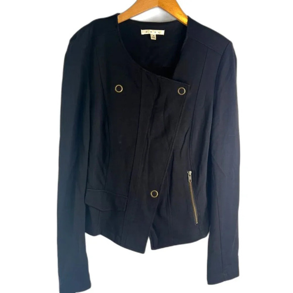 CAbi‎ Black Slant Front Zip Long Sleeve Ponte Cardigan Moto Jacket Sz MD - Picture 9 of 9